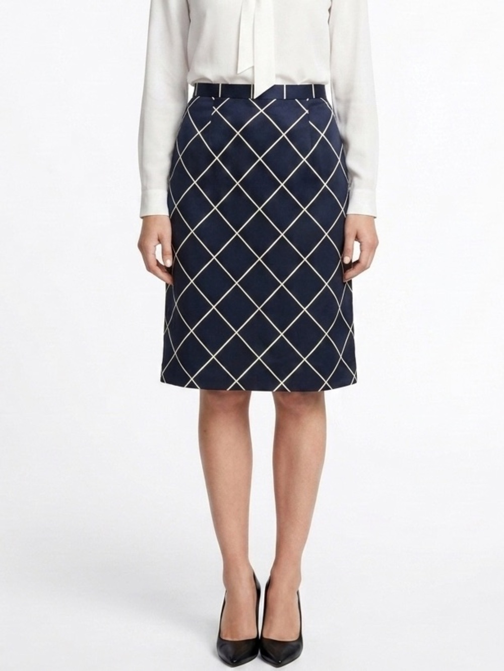 VTG 100% Silk 80s Skirt David Hayes Geometric Diamond Grid Straight A-Line BL/WH